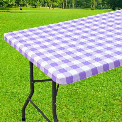 Smiry Rectangle Picnic Table Cloth, Elastic Waterproof Fitted Vinyl Tablecloths, Flannel Backed Buffalo Plaid Table Covers for Dining, Camping, Outdoor (White and Purple, 30" x 48")