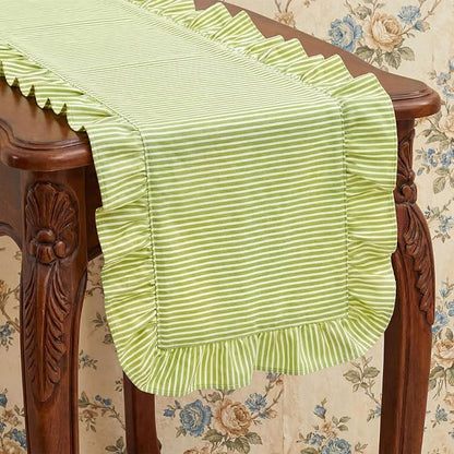 HunnmingRe Ruffle Trim Boho Table Runner Farmhouse Rustic Stripes Scalloped - Image 9