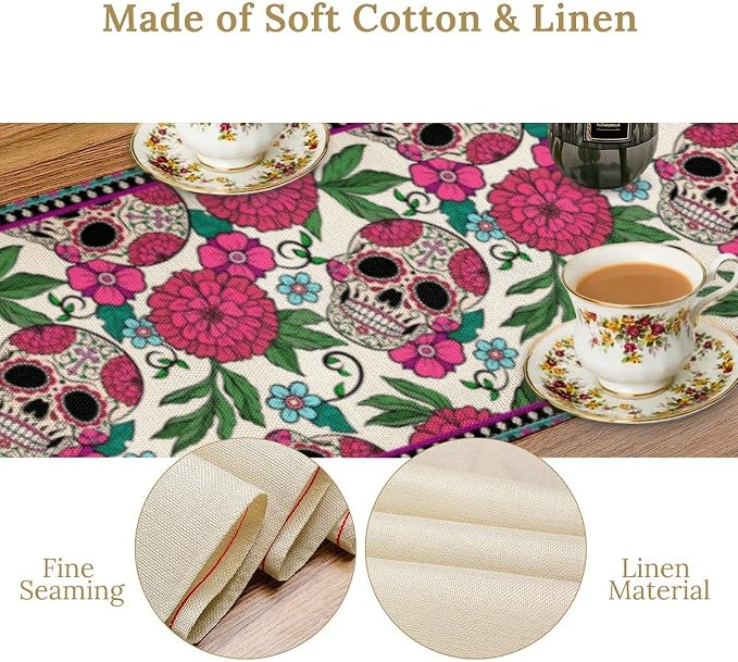 YCness Dia De Los Muertos Table Runner Red Floral Cinco De Mayo Rustic Linen - Image 7