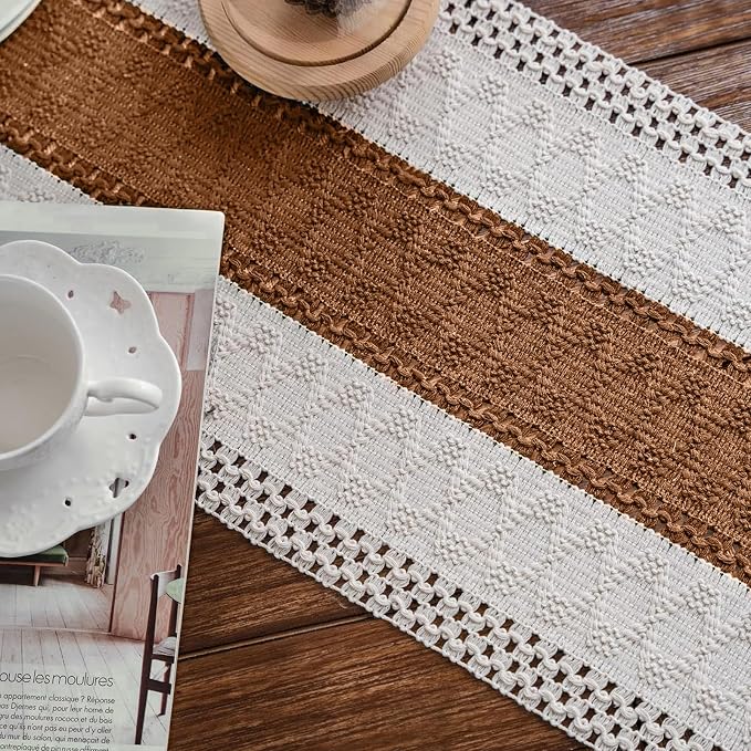 Macrame Table Runner Cream Beige and Caramel Boho Table Runners - Image 7