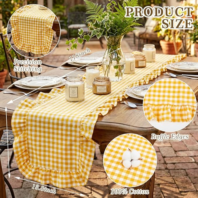HunnmingRe 1 Pc Gingham Table Runner Yellow, 118 X 13.8 Inch | Cotton Dresser - Image 2