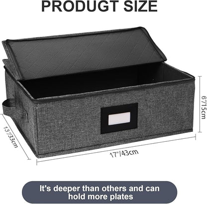 China Storage Containers, Platter Storage 17" x 13" x 6" for Dinnerware Storage and Transport, 5 Large Felt Dividers Included, Hard Shell and Stackable (Black)