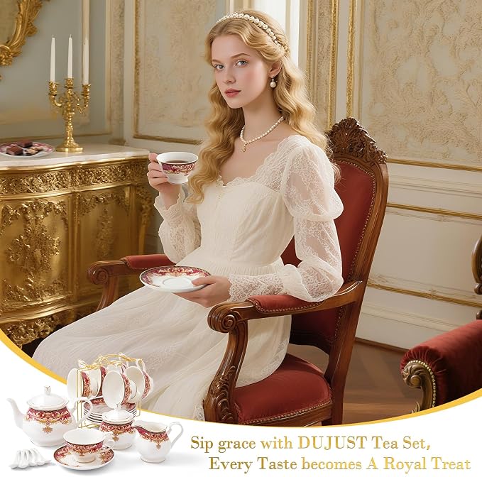 DUJUST 22 pcs Royal Vintage Porcelain Tea Set - Image 2