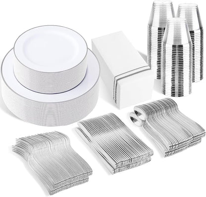 SUT 350 Piece Silver and White Plastic Dinnerware Set by SeeYouTomorrow