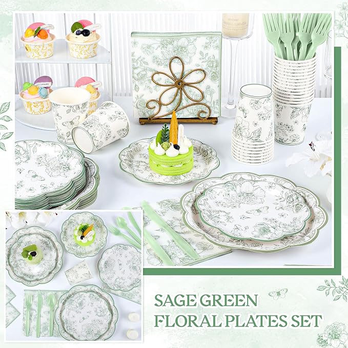 NatNarr 25Set Sage Green Floral Plates and Napkins Bridal Shower Dinnerware | - Image 7