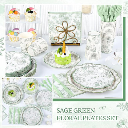 NatNarr 25Set Sage Green Floral Plates and Napkins Bridal Shower Dinnerware | - Image 7