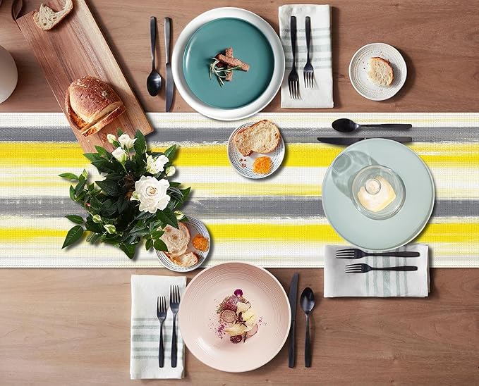 Emvency Table Runner and Placemats Set of 6, Abstract Watercolor Yellow | Grey - Image 6