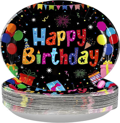 50 Pcs Happy Birthday Oval Paper Plates 10"x12" Large Colorful Black Birthday Plates Disposable Heavy Duty Birthday Theme Party Plates Happy Birthday Party Supplies for Boys Girls Birthday Party Decor