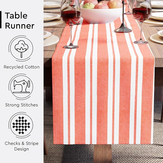 Encasa XO Table Runner, Woven Cotton Dining Runner 13"x59" Franca Orange Stripes - Image 3