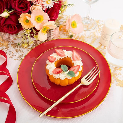 I00000 150Pcs Red Plastic Plates with Gold Rim,Fancy Plastic Plates,Nice Disposable Plates Set include 30 Dinner Plate,30 Dessert Plate, 90 plastic Silverware Set for Valentine's Day