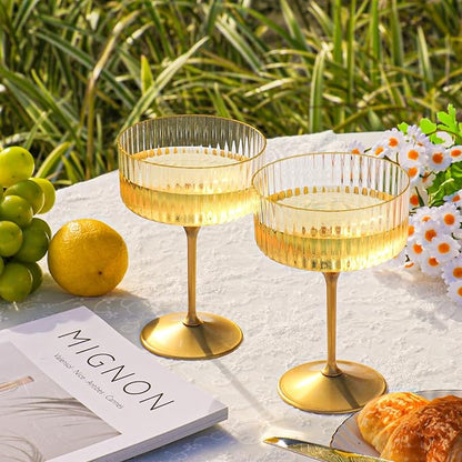 12 PCS Ribbed Coupe Glasses with Gold Stem Clear Plastic Champagne Coupe Cup 10oz Detachable Gold Rim Espresso Martini Glass Vintage Margarita Glassware Cocktail Glass for Christmas