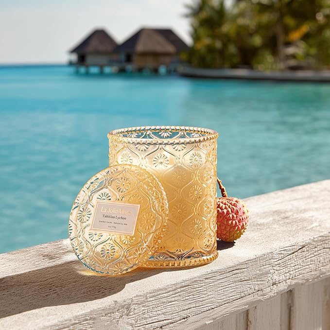 LA JOLIE MUSE Tahitian Lychee Candle - Lychee, Melon, Pineapple | 6 oz Natural Soy Wax | 40 Hours Clean Burn | Tropical Fruit Candle | Gift for Little Getaway