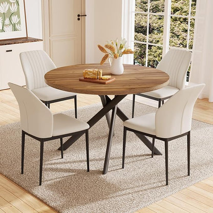 45.3'' Walnut Round Dining Table Set for 4, Mid Century Modern Small Coffee Set for Dining Room Kitchen Apartment (Light Walnut + 4 White Chairs)