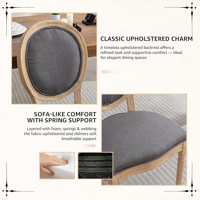 Vintage French Dining Chairs Set of 4, Round Back Accent Chairs with Linen Seat and Solid Wood Frame, Farmhouse Sillas de Comedor Upholstered for Dining Room & Kitchen, Gray