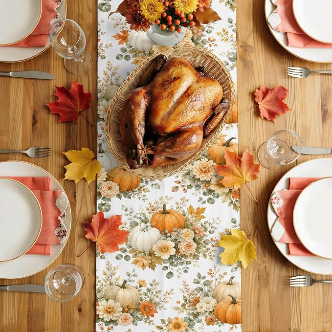 Thanksgiving Table Runner 72 Inches Long, Autumn Floral Leaves Kitchen Dining - Image 4