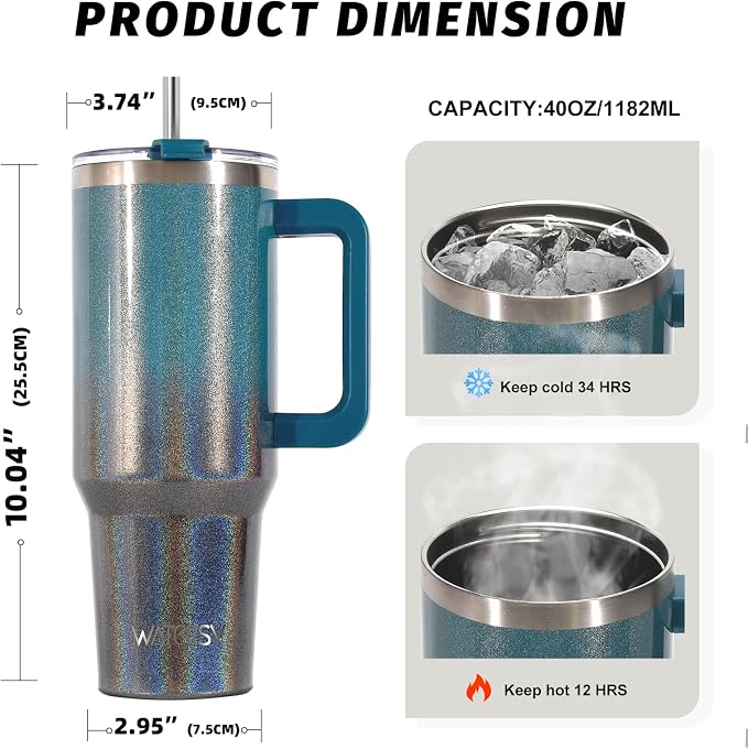 40 oz Shiny Tumbler with Handle and Straw, Stainless Steel Tumbler with Lid and - Image 2