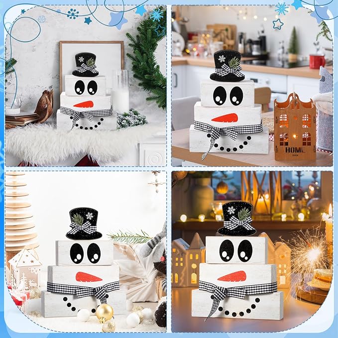Moucuny 4 Pcs Winter Table Decoration Wooden Snowman Decor Black and White - Image 6