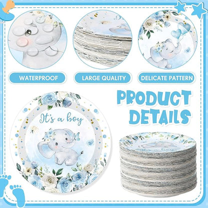 60 Pcs 7 Inch Elephant Baby Shower Paper Plates It's a Boy Shower Decorations Tableware Baby Gender Reveal Plates It's a Boy Party Supplies for Blue Floral Elephant Party
