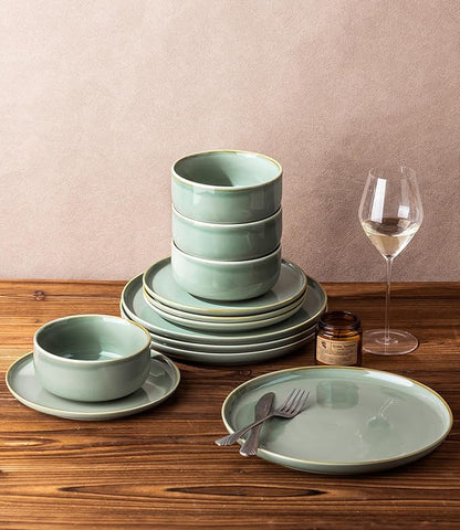 TheTerra Ceramic Dinnerware Sets for 4, 12 Pieces Handmade Reactive Glaze Plates and Bowls Set, Scratch Resistant Dish Set, Oven & Microwave & Dishwasher Safe, Eucalyptus
