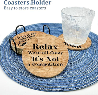 6 Pcs with Holder Drink Cork Coasters,Funny Office Gifts for Coworkers,Novelty Gifts for New Colleagues Employees Boss,Office Desk Coasters,Humorous Christmas Birthday Gifts for Men Women