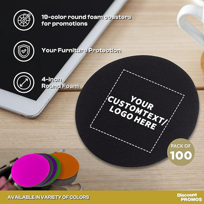 100 Round Foam Bud Coasters Pack, 4 inch - Customizable Text, Logo - PU Foam, Party Favor - Black