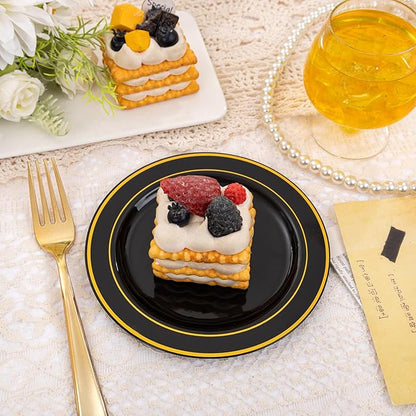 bUCLA 100PCS Black and Gold Plastic Plates - 6.25 inch Black Gold Premium Hard Disposable Dessert/Salad/Appetizer/Small Cake Plates for Party, Graduation & New year