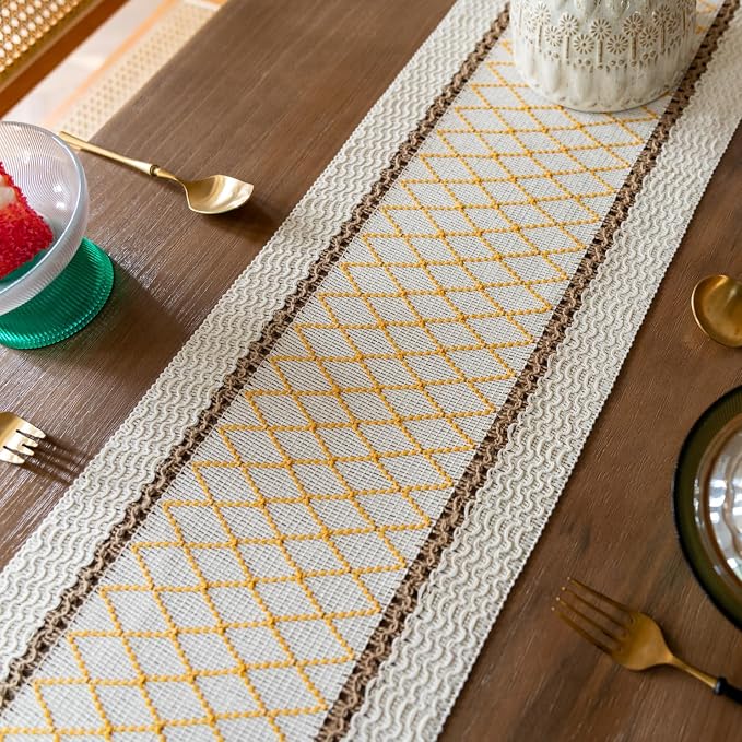 EMMTEEY Macrame Table Runner Boho Style 94 Inches Long, Hexagonal Yellow | - Image 4