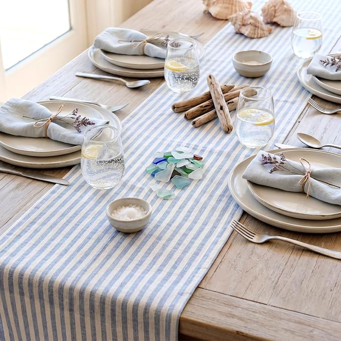 6 Pcs Blue and White Stripe Table Runner, 13 x 72 Inch | Linen Kitchen Dining - Image 3