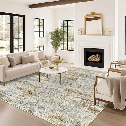 9x12 Area Rugs for Living Room, Non Slip Machine Washable Vintage Rugs, Low Pile Lightweight Large Rug for Bedroom, Dining Room, Home Office Gray Rust
