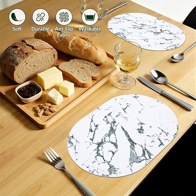 Placemats Set of 4, 11.8 x 17 Inch, Marble | Heat Resistant Oval Faux Leather - Image 7