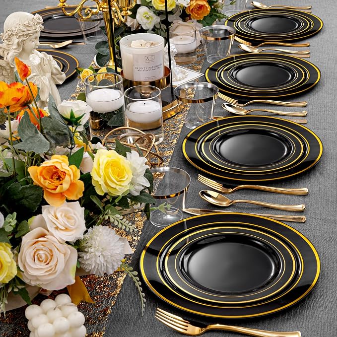bUCLA 150 Pieces Black and Gold Disposable Dinnerware Set - Image 8