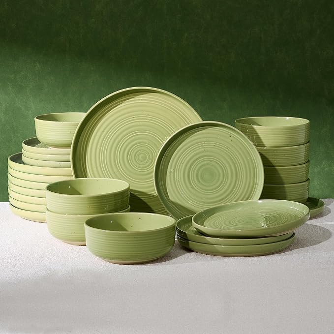 Dinnerware Sest for 8, Ceramic Plates & Bowls, Olive Green | 24-Piece Ceramic by FamiwarePremium