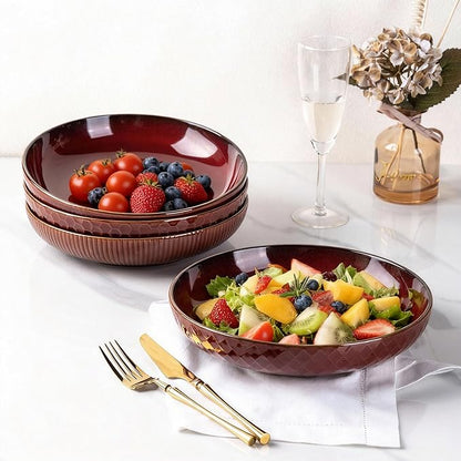 GBHOME 9.5'' Large Pasta Bowls, 42 Ounce Stoneware Salad Bowls for Kitchen, Ceramic Serving Bowls With Textured Pattern for Pasta,Fruit, Stews,Noodle, House-warming Gift,Set of 4-Burgundy Red