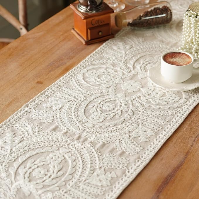 Table Runner Embroidered Farmhouse Dresser Scarf, 4 Tassel Pendants, - Image 4