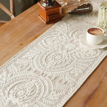 Table Runner Embroidered Farmhouse Dresser Scarf, 4 Tassel Pendants, - Image 4