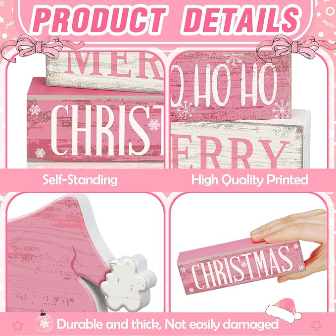 Moucuny 4 Pcs Christmas Table Decorations Pink Santa Hat Decor Christmas Tiered - Image 4