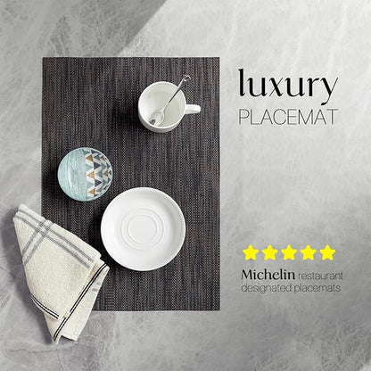 LEXMORE Placemats Set of 6 Vinyl/Plastic Woven Place Mats for Kitchen Table Indoor/Outdoor Washable Placemat Wipeable Dining Table Mats(Black/Brown)