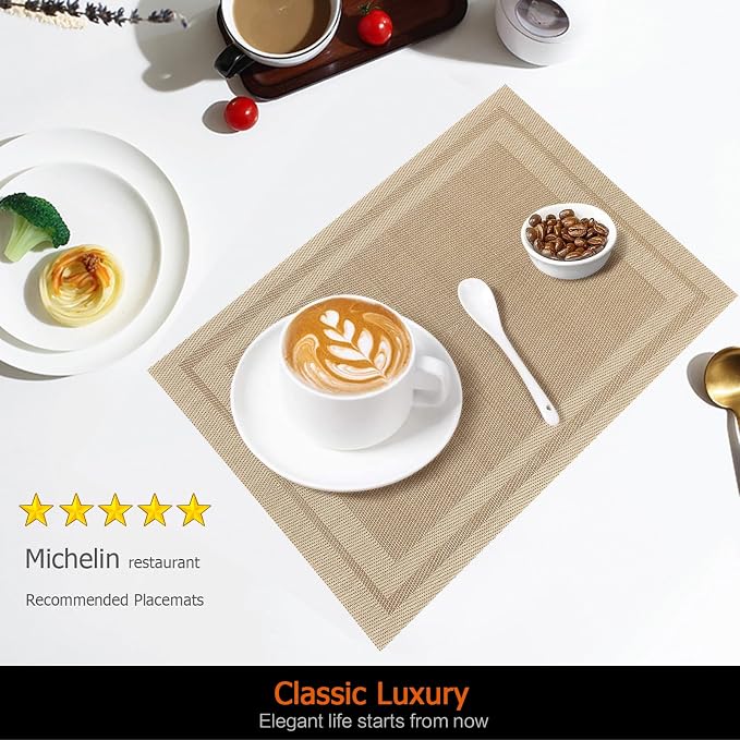 Khaki Vinyl Placemats Set of 8, Heat Resistant Table Placemats | 18x12 inch - Image 2