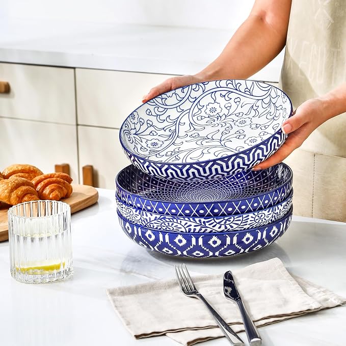 Selamica 9.6" Pasta Bowls Set of 4, 51 OZ Large Salad Bowls, Ceramic Wide and - Image 6