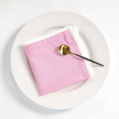 Fingercraft Dinner Cloth Napkin Cotton Linen Blend 12 Pack 12In Mitered Corners with Elegant Lace for Everyday Use Napkins Cloth are Pre Shrunk and Good Absorbency Pastel Rose