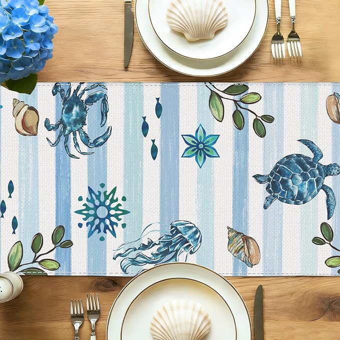 Summer Ocean Beach Shells Table Runner Watercolor Sea Turtle Burlap Table - Image 8