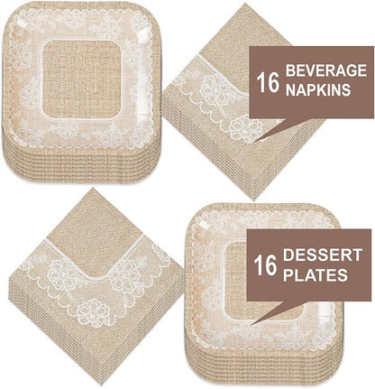 HOME & HOOPLA Wedding Party and Bridal Shower Rustic Burlap and Lace Paper Dessert Plates and Beverage Napkins (Serves 16)