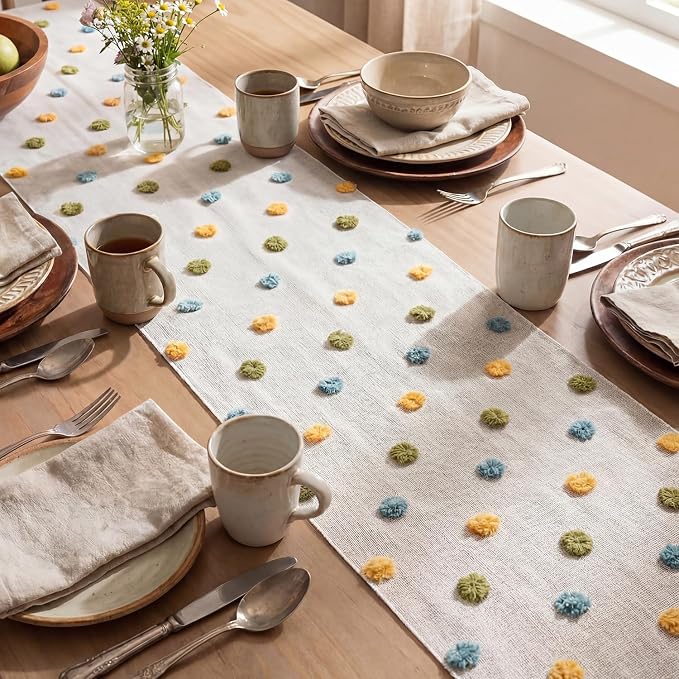 Artoid Mode Yellow Blue Green Pom Pom Tulle Table Runner, Seasonal Washable - Image 4
