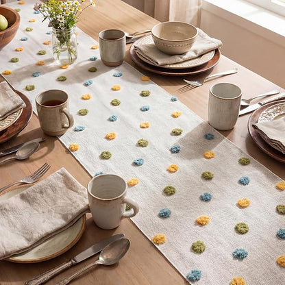 Artoid Mode Yellow Blue Green Pom Pom Tulle Table Runner, Seasonal Washable - Image 4