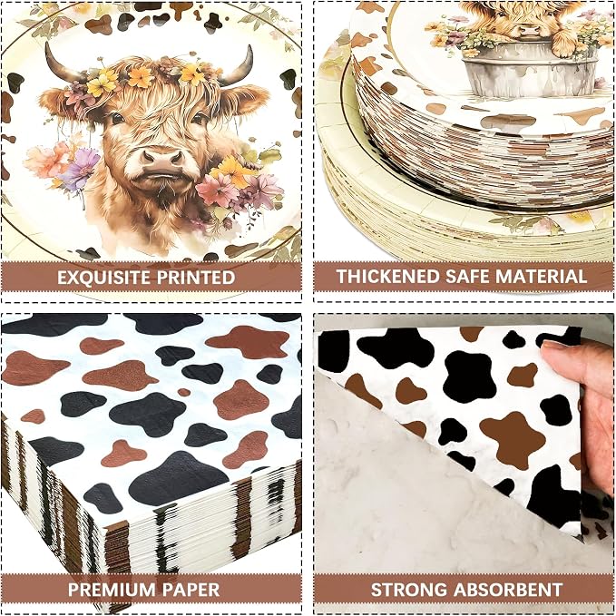 180PCS Highland Cow Paper Plates and Napkins Party Supplies Serve 60 | Brown - Image 3