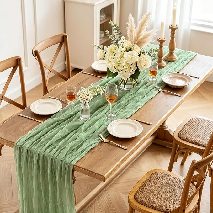 3Pcs Sage Green Cheesecloth Table Runner, 10FT Rustic Green Boho Gauze Table - Image 3