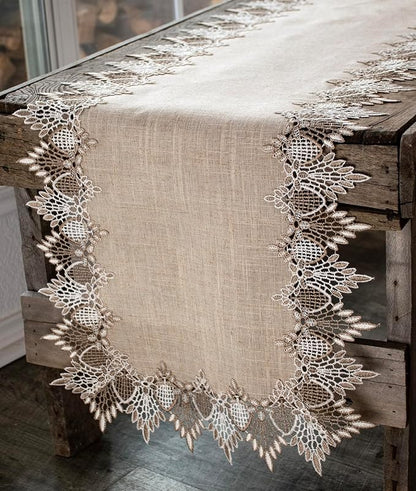 LINENS ART AND THINGS Lace Table Runner Neutral Earth Tones Dresser Scarf by LinensArtandThings