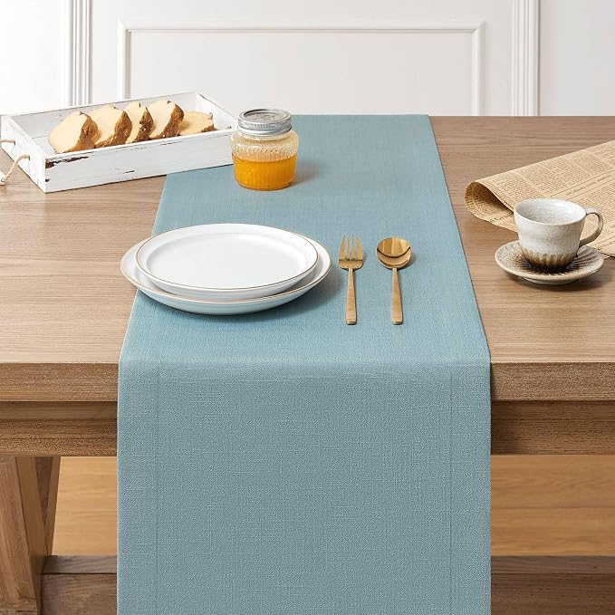 Linen Textured Border Table Runner, 14 x 48 Inch Blue | Mitered Corner Design - Image 4