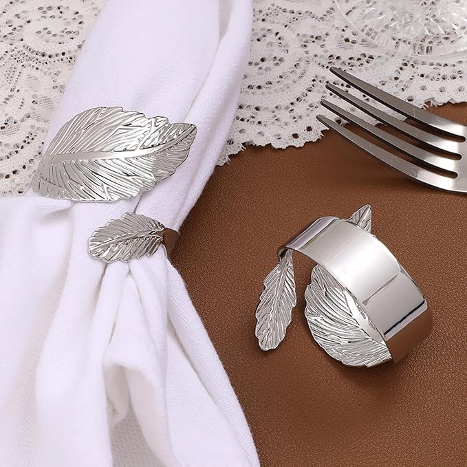 Silver Napkin Rings Set of 12, Shiny Metal Leaf Napkin Ring Silver Napkin Holder - Image 2