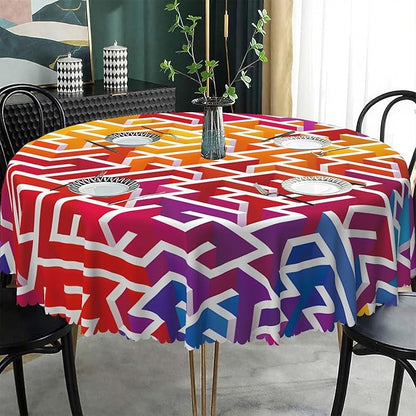 Laeacco 42 Inch Maze Round Tablecloth Colorful Labyrinth Texture Modern Geometric Abstract Art Print Table Cloth Washable Waterproof Wrinkle Free Table Cover for Kitchen Dining Picnic Party Decor
